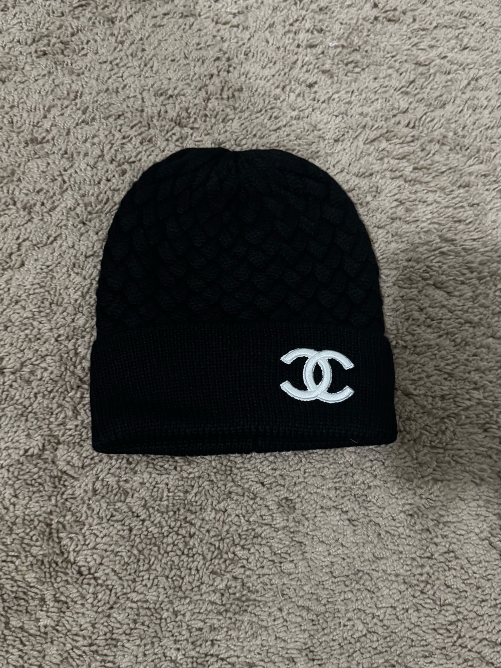 CHANEL Black Beanie with White CC Logo